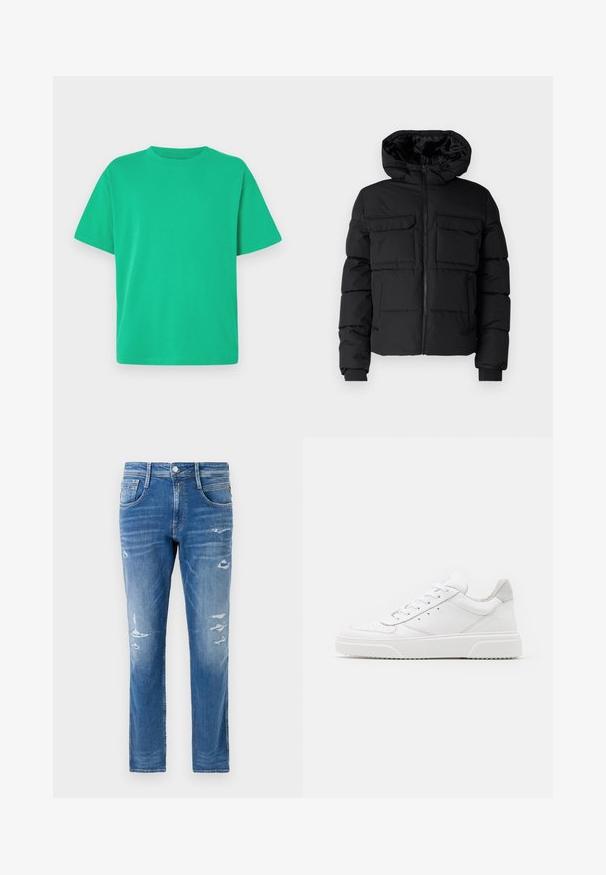 Schwarze gepolsterte Jacke mit Kapuze, zwei Brusttaschen, einem Frontreißverschluss und Rippbündchen. Glatte Textur und leichtes Design.; Grünes T-Shirt mit kurzen Ärmeln aus weichem Stoff; hat einen Rundhalsausschnitt und eine lockere Passform; glatte Textur ohne Muster oder Akzente.; Denim-Jeans in einer hellblauen Wäsche mit regulärer Passform. Mit abgenutzten Details und subtilen Auswaschungen in der Nähe der Taschen und Knie.; Weiße Leder-Sneaker mit glatter Oberfläche, rundem Zehenbereich, flachen Schnürsenkeln und strukturiertem Schuhsohlen. Graues Wildleder-Detail an der Ferse.