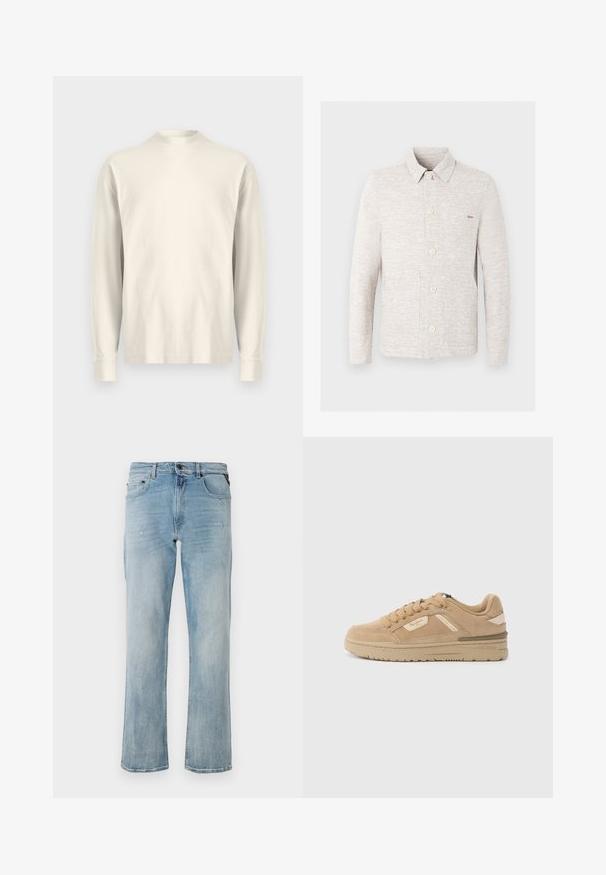 Lichtbeige casual jack met knopen, met een subtiel horizontaal streeppatroon, lange mouwen, een kraag en voorzakken.; Langsleeve, shirt met hoge kraag van lichtroom katoen. Gladde textuur, relaxed fit, minimalistisch ontwerp, geen zichtbare patronen of accenten.; Lichtblauwe denim jeans met een ontspannen pasvorm, met subtiele verwerkte details en een klassiek vijfzakkenontwerp.; Tan gekleurde suède sneaker met ronde neus, vetersluiting aan de voorkant en gevoerde kraag. Voorzien van een gestructureerde tussenzool en subtiele merkaccenten aan de zijkant.
