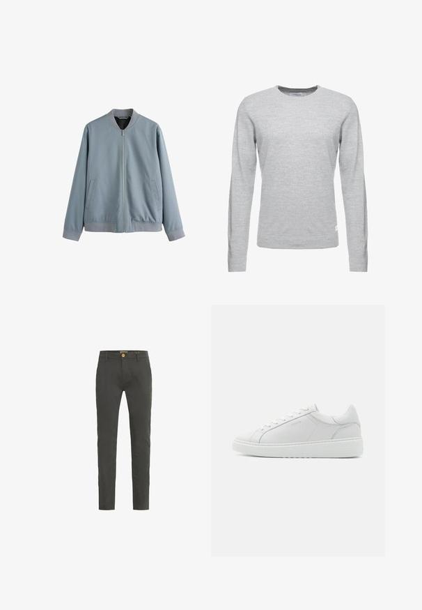 Chaqueta bomber azul claro con cremallera frontal, dos bolsillos laterales y puños y bajo acanalados, mostrada sobre un fondo blanco.; Jersey gris claro, de mangas largas, con cuello redondo, textura suave, diseño minimalista, pequeña etiqueta de logo en el bajo izquierdo.; Chinos de corte slim en gris oscuro, elaborados con una mezcla de algodón. Cuentan con un cierre de un solo botón y pasadores para cinturón. Textura suave con un detalle mínimo.; Zapatilla de cuero blanco con una textura suave, punta redonda, diseño de perfil bajo y un logo sutil en el lateral. Cuello acolchado y cordones.