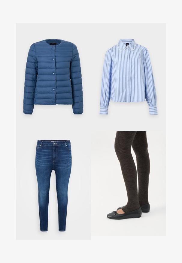 Polstret jakke i marineblå, med rund halsudskæring, trykknaplukning og vandret quiltet tekstur over stoffet.; Lyseblå bluse med lodrette mørkeblå og hvide striber, lange puffede ærmer, manchetter med knapper og en rundet krave med bølget blonder.; Mørkeblå skinny jeans med forlommer, bæltestropper og knaplukning på en ensfarvet lys baggrund.; Ben iført mørke ribbede leggings kombineret med sorte balletsko med små sløjfedetaljer på hvid baggrund.