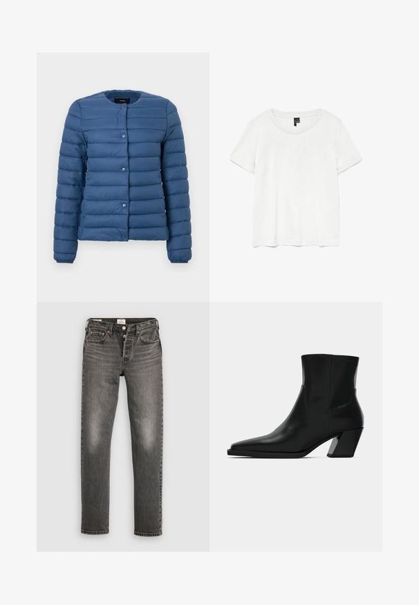 Padded jacket v námorníckej modrej, s okrúhlym výstrihom, zapínaním na cvoky a horizontálne prešívanou textúrou na látke.; Biela tričko s krátkym rukávom a okrúhlym výstrihom, vyrobené z ľahkého materiálu. Jednoduchý dizajn, hladká textúra a rovný lem.; Sivé deninové džínsy so strihom rovného noha, s opotrebovanou textúrou, jemným fade efektom, medenými nitmi a klasickým gombíkovým zapínaním.; Čierna kožená členková topánka s špicatou špičkou, elegantným siluetou a masívnym štvorecovým podpätkom. Hladký povrch s minimálnymi švovými detailmi.