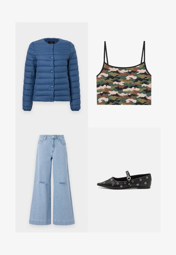 Polstret jakke i marineblå, med rund halsudskæring, trykknaplukning og vandret quiltet tekstur over stoffet.; Camouflage crop top med grønne, brune og lyserøde mønstre. Lavet af blødt stof med tynde justerbare stropper og en sort kant.; Lyseblå bredbenede jeans med høj talje, der har to forlommer og to slidte knædetaljer, fremstillet af denimmateriale.; Sort læder fladsko med spids tå, prydet med dekorative sølv øjer og et justerbart bånd over anklen.