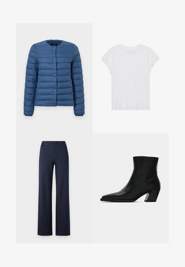 Padded jacket v námorníckej modrej, s okrúhlym výstrihom, zapínaním na cvoky a horizontálne prešívanou textúrou na látke.; Biela krátka rukávová tričko s okrúhlym výstrihom, voľný strih, vyrobené z jemnej bavlnenej látky. Hladká textúra, bez vzorov alebo log.; Námořnické modré široké kalhoty vyrobené z měkkého, elastického materiálu. Mají plochý pas a hladkou texturu; žádné viditelné vzory ani kovové části.; Čierna kožená členková topánka s špicatou špičkou, elegantným siluetou a masívnym štvorecovým podpätkom. Hladký povrch s minimálnymi švovými detailmi.