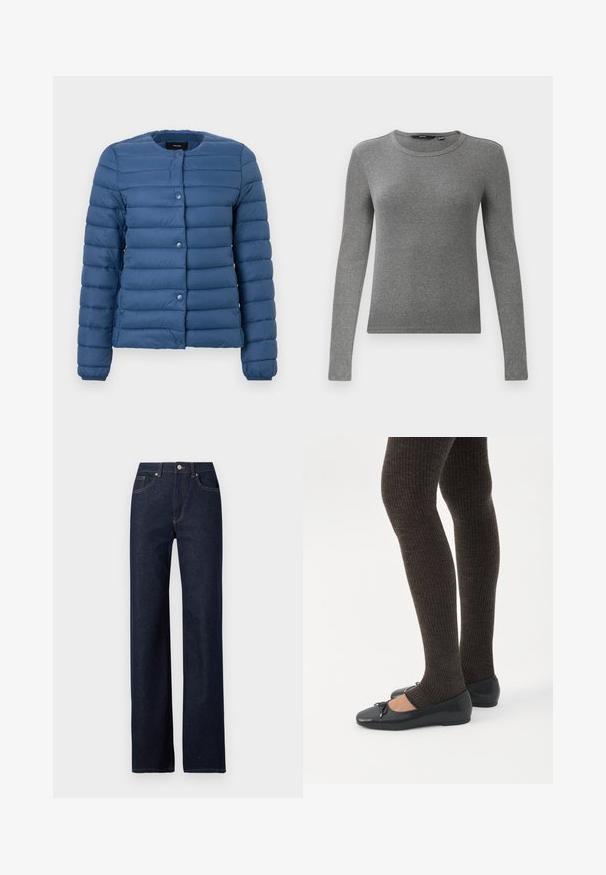 Chaqueta acolchada en azul marino, con cuello redondo, cierre de botones a presión y textura acolchada horizontal en la tela.; Suéter de manga larga gris de canalé con escote redondo y forma ajustada. La textura parece suave y elástica, adecuada para llevar en capas.; Vaqueros de mezclilla azul marino con un diseño de pierna recta, estilo clásico de cinco bolsillos, costuras visibles y cierre frontal con botón.; Piernas con leggings oscuros acanalados combinados con bailarinas negras que presentan pequeños detalles de lazo sobre un fondo blanco.