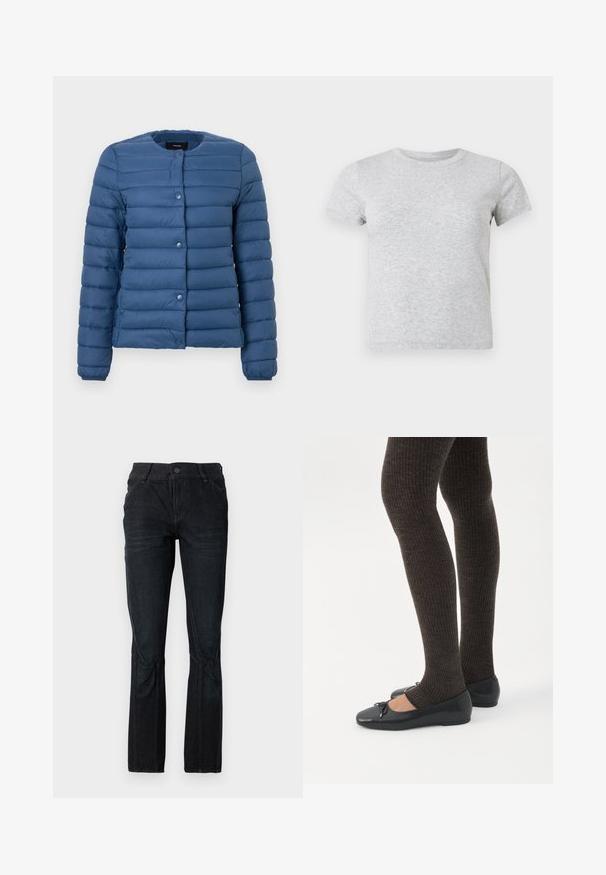 Chaqueta acolchada en azul marino, con cuello redondo, cierre de botones a presión y textura acolchada horizontal en la tela.; Camiseta de manga corta color gris claro con cuello redondo y textura suave jaspeada, mostrada sobre un fondo blanco liso.; Vaqueros de mezclilla oscura con un diseño de pierna recta, que cuentan con bolsillos frontales y un cierre de botón. La tela tiene una textura suave.; Piernas con leggings oscuros acanalados combinados con bailarinas negras que presentan pequeños detalles de lazo sobre un fondo blanco.