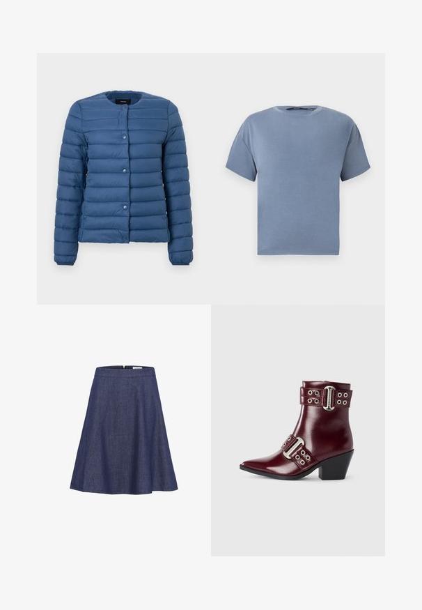 Padded jacket v námorníckej modrej, s okrúhlym výstrihom, zapínaním na cvoky a horizontálne prešívanou textúrou na látke.; Tričko s krátkym rukávom a okrúhlym výstrihom v jednofarebnej tlmenej modrej farbe, zobrazené na bielom pozadí.; Džínová sukňa v A-línii, tmavomodrá, po kolená, s hladkým pásom a skrytým zipsom, so rozšíreným strihom. Jemná textúrová detail.; Burgundské kožené členkové topánky s špicatou špičkou, dvojitými prackami, striebornými akcentmi a nízkym blokovým podpätkom. Hladký, lesklý povrch.