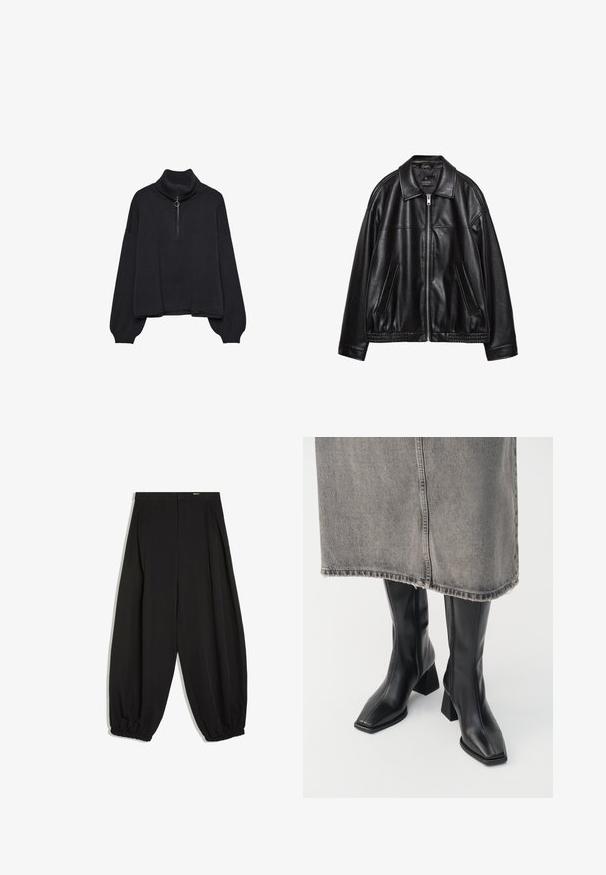 Sort læderjakke med krave, frontlynlås og to sidelommer. Har en glat tekstur og et samlet kant ved taljen.; Sort højhalset sweater med halv lynlås foran, oversized ærmer og blød tekstur. Har ribbet krave og kant. Minimalistisk design.; Sorte løstsiddende bukser med plisseringer og elastiske manchetter, med høj talje og brede tilspidsede ben.; Sorte knæhøje støvler i glat læder med firkantet tå og blokeret hæl. Båret med en grå denimnederdel med flosset kant.
