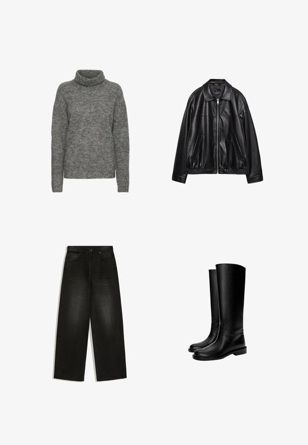 Veste en cuir noir avec un col, une fermeture éclair à l'avant et deux poches latérales. Présente une texture lisse et un ourlet froncé à la taille.; Pull à col roulé gris en maille douce, avec une coupe décontractée et des manches longues, arborant une texture subtile sur l'ensemble.; Jean noir à jambes larges avec bouton et fermeture éclair à l'avant, passants de ceinture et design classique à cinq poches.; Bottes en cuir noires montant jusqu'au genou avec une texture lisse, bout rond, semelle plate et design minimaliste, comprenant des coutures cousues et aucun matériel visible.