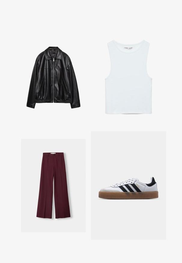 Čierna kožená bunda s golierom, predným zipsom a dvoma bočnými vreckami. Má hladkú textúru a zhrnutý lem v oblasti pásu.; Biely bezrukávový crop top s okrúhlym výstrihom, vyrobený z hladkej látky, označený Pull&Bear, vhodný na bežné nosenie.; Burgundské široké nohavice vyrobené z hladkej tkaniny, s predným zapínaním na gombík a čistými záhybmi pre upravený vzhľad.; Biele kožené tenisky s čiernymi pruhmi, gumová podrážka, okrúhla špička, šnurovanie a mäkký sivý semišový špička.