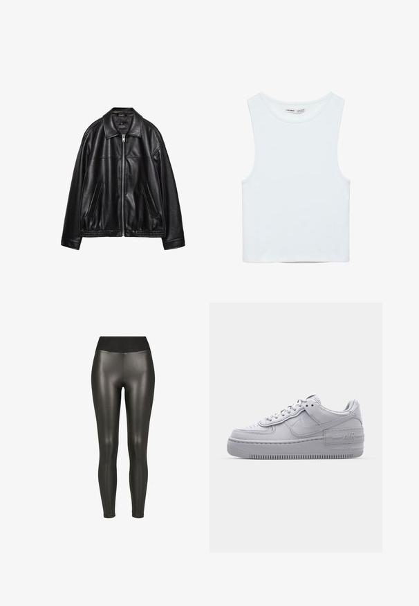 Sort læderjakke med krave, frontlynlås og to sidelommer. Har en glat tekstur og et samlet kant ved taljen.; Hvid ærmeløs crop top med rund halsudskæring, lavet af glat stof, mærket Pull&Bear, egnet til afslappet brug.; Sorte højtaljede leggings i kunstlæder med en glat, skinnende finish og ankellængde på en hvid baggrund.; Grå Nike Air Force 1 sneakers med perforeret tå, glat læderoverdel, tyk sål og præget 'AIR' detalje på hælen.
