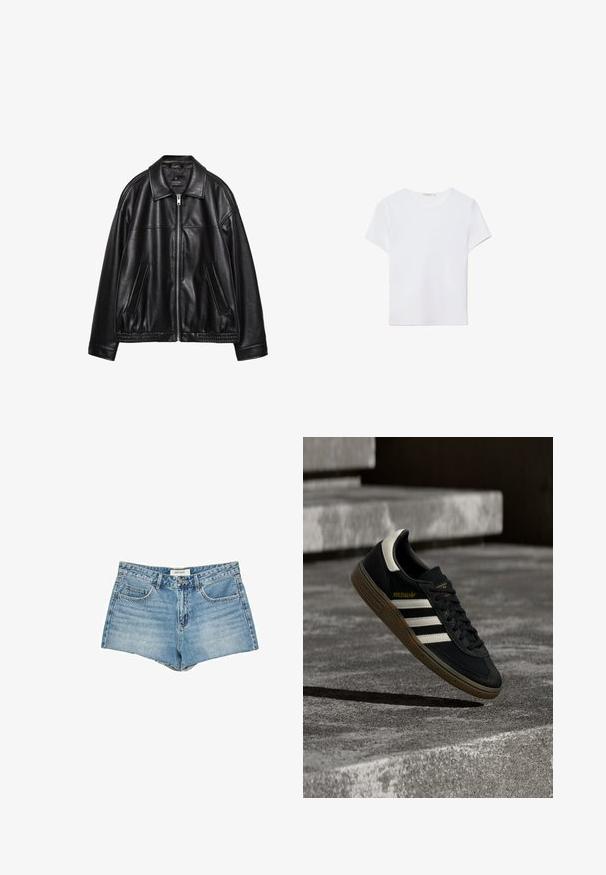 Sort læderjakke med krave, frontlynlås og to sidelommer. Har en glat tekstur og et samlet kant ved taljen.; Hvid kortærmet t-shirt lavet af blødt stof. Har en rund halsudskæring og et simpelt, rent design med en lige underkant.; Jeanshorts, lys blå, høj talje, fem-lomme design, flosset kant, standard knaplukning, logoetiket på taljebåndet.; Sort Adidas-sneaker med hvide striber og gummisåler, svævende over grå betontrapper i naturligt lys.