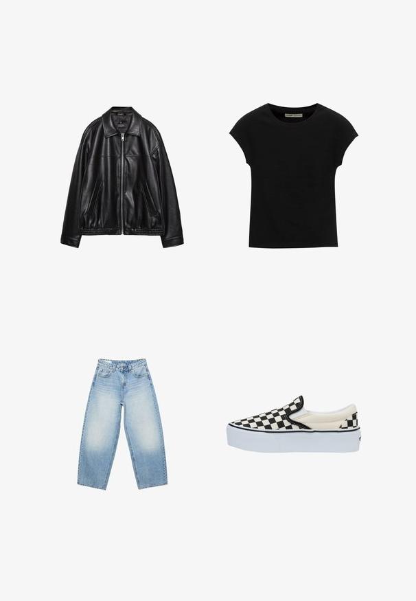 Veste en cuir noir avec un col, une fermeture éclair à l'avant et deux poches latérales. Présente une texture lisse et un ourlet froncé à la taille.; T-shirt noir à manches courtes avec un col rond. Confectionné en coton lisse et extensible. Design simple sans motifs ni graphismes.; Jean large taille haute bleu clair avec poches avant, passants pour ceinture et zones décolorées sur les cuisses.; Bottine à enfiler en damier noir et blanc avec une semelle blanche, dotée d'une tige en toile et d'accents élastiques sur les côtés pour un enfilage facile.