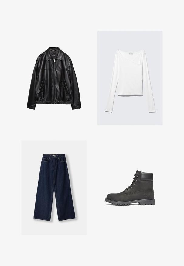 Veste en cuir noir avec un col, une fermeture éclair à l'avant et deux poches latérales. Présente une texture lisse et un ourlet froncé à la taille.; Haut blanc à manches longues avec un design croisé et une poche. Fabriqué dans un tissu lisse et extensible. Coupé dans une coupe décontractée et ample.; Jean en denim bleu foncé à jambes larges avec fermeture avant par bouton et zip, poches avant et passants pour ceinture, posé à plat sur un fond blanc.; Bottine en cuir noir à bout rond, avec un laçage à l'avant, un col rembourré et une semelle en caoutchouc texturé. Présente un logo embossé sur le côté.