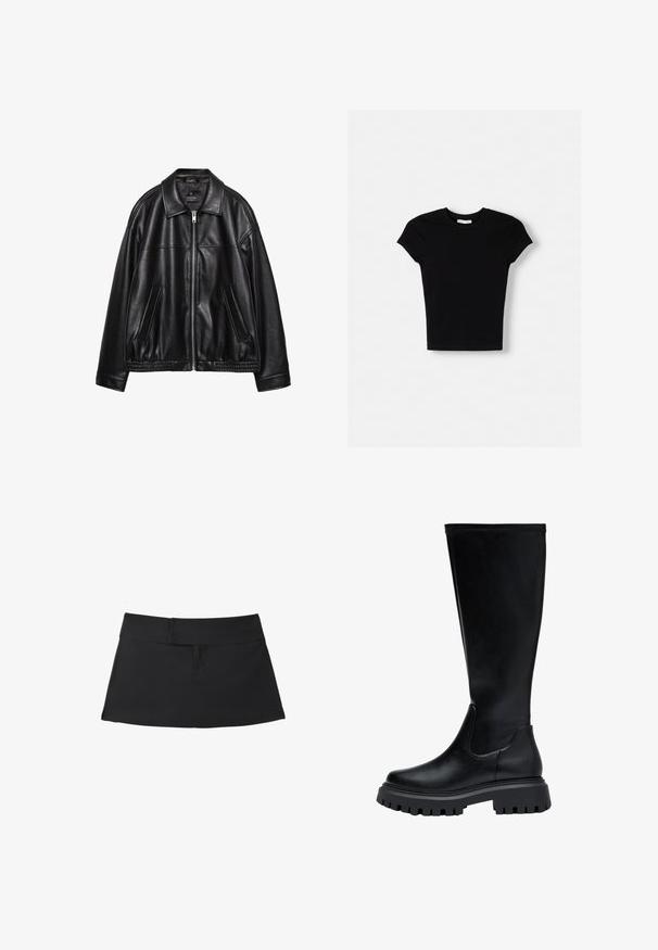 Schwarze Lederjacke mit einem Kragen, Frontreißverschluss und zwei seitlichen Taschen. Sie hat eine glatte Textur und einen gerafften Saum an der Taille.; Schwarzes kurzärmeliges T-Shirt aus Baumwolle. Schmal geschnittenes Design, runder Ausschnitt und glatte Textur. Keine sichtbaren Muster oder zusätzlichen Merkmale.; Schwarzer kurzer Rock mit breitem Bund und einfachen Nahtdetails, flach auf weißem Hintergrund ausgelegt.; Knöchelhohe schwarze Lederstiefel mit runder Zehenform, elastischen Seitenpaneelen und einer robusten Gummisohle mit einem Profilmuster.