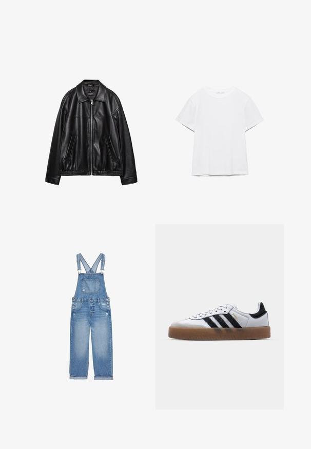 Veste en cuir noir avec un col, une fermeture éclair à l'avant et deux poches latérales. Présente une texture lisse et un ourlet froncé à la taille.; T-shirt blanc uni à manches courtes et col rond, avec un ourlet droit, présenté sur un fond blanc.; Salopette en jean bleu clair avec bretelles ajustables, poche avant et détails usés sur les jambes. Coupe pattes larges avec ourlet brut.; Baskets en cuir blanc avec des rayures noires, semelle extérieure en caoutchouc beige, bout rond, fermeture lacée et embout en suède gris doux.