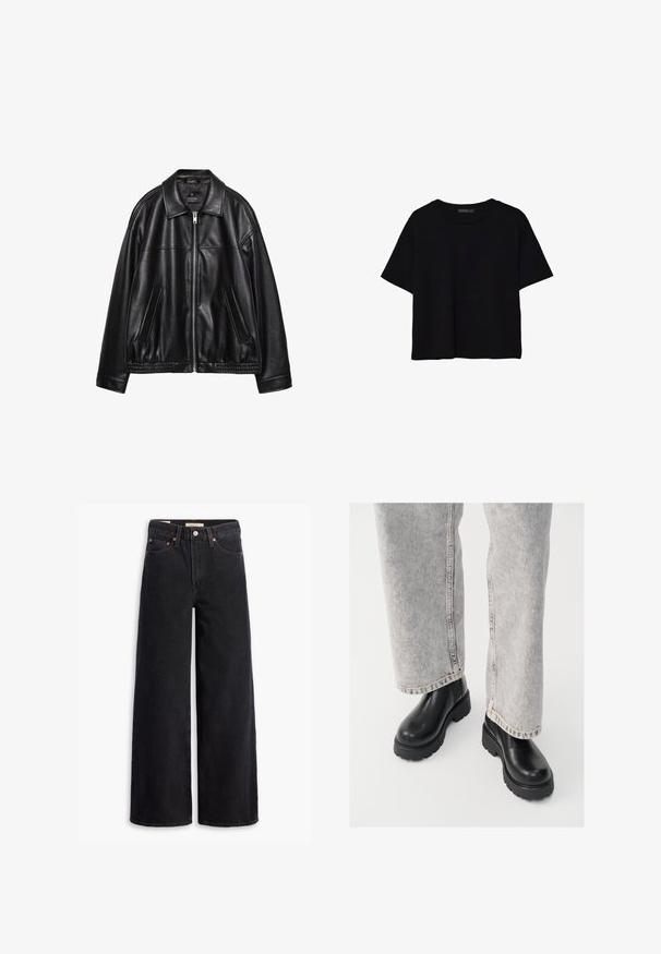 Veste en cuir noir avec un col, une fermeture éclair à l'avant et deux poches latérales. Présente une texture lisse et un ourlet froncé à la taille.; T-shirt noir à manches courtes coupé, avec encolure ronde et design simple, étalé à plat sur fond blanc.; Jean noir à jambe large en denim, comportant cinq poches, des rivets en laiton et une fermeture à bouton classique. Texture lisse avec un design épuré.; Vagabond COSMO - Bottines à plateau - black