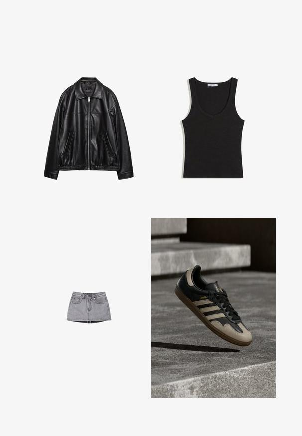 Veste en cuir noir avec un col, une fermeture éclair à l'avant et deux poches latérales. Présente une texture lisse et un ourlet froncé à la taille.; Débardeur noir côtelé sans manches avec une encolure dégagée, posé à plat sur un fond blanc.; Jupe mini en denim de couleur gris délavé. Comprend une fermeture à boutons, des passants pour ceinture et deux poches avant. Texture lisse avec un effet de lavage subtil.; Baskets en cuir noir et beige avec trois bandes blanches, semelle en caoutchouc beige et détail en or "Samba" sur le côté.