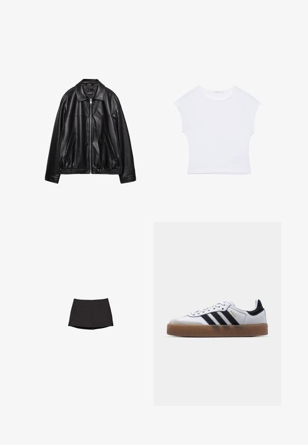Veste en cuir noir avec un col, une fermeture éclair à l'avant et deux poches latérales. Présente une texture lisse et un ourlet froncé à la taille.; T-shirt court blanc à manches courtes avec col rond, en tissu lisse, posé à plat sur un fond blanc.; Skort athlétique noir avec une taille ajustée et un ourlet court, conçu pour une tenue active avec un tissu lisse et extensible.; Baskets en cuir blanc avec des rayures noires, semelle extérieure en caoutchouc beige, bout rond, fermeture lacée et embout en suède gris doux.