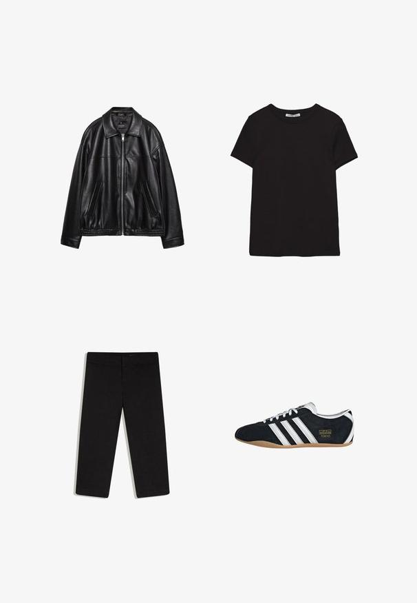 Veste en cuir noir avec un col, une fermeture éclair à l'avant et deux poches latérales. Présente une texture lisse et un ourlet froncé à la taille.; T-shirt noir en coton à manches courtes avec encolure ronde, coupe standard et étiquette intérieure visible au niveau du col.; Pantalon noir court à jambes droites, taille plate avec ceinture, sans poches visibles, présenté sur fond blanc.; Sneakers en suede noir avec trois bandes blanches, logo doré et semelle en caoutchouc marron. Présente un design à lacets à profil bas.