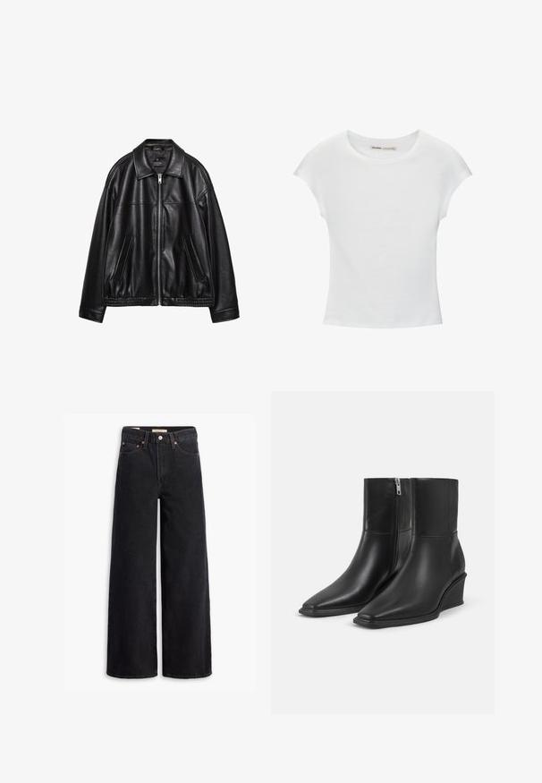 Schwarze Lederjacke mit einem Kragen, Frontreißverschluss und zwei seitlichen Taschen. Sie hat eine glatte Textur und einen gerafften Saum an der Taille.; Weißes Baumwoll-T-Shirt mit kurzen, aufgerollten Ärmeln, rundem Ausschnitt und geradem Saum. Glatte Textur ohne sichtbare Muster oder Akzente.; Schwarze weite Jeans aus Denim mit fünf Taschen, Kupferrivets und einem klassischen Knopfverschluss. Glatte Textur mit einem klaren Design.; Paar schwarze Leder-Stiefeletten mit spitzen Zehen, Keilabsätzen und seitlichen Reißverschlussverschlüssen auf einfachem hellem Hintergrund.