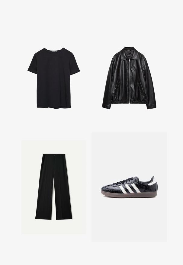 Veste en cuir noir avec un col, une fermeture éclair à l'avant et deux poches latérales. Présente une texture lisse et un ourlet froncé à la taille.; T-shirt en coton noir à manches courtes, col rond, présenté sur un fond blanc.; Bershka WIDE - Pantalon classique - black; Baskets noires profilées avec motif en relief imitation peau de serpent, bandes blanches sur le côté, lacets noirs et semelle translucide marron.