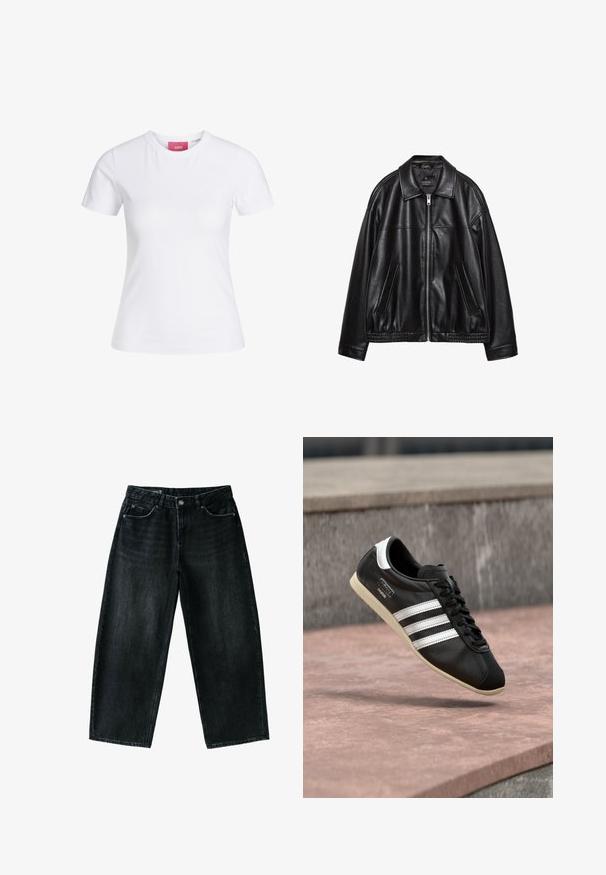 Sort læderjakke med krave, frontlynlås og to sidelommer. Har en glat tekstur og et samlet kant ved taljen.; Hvid slimfit t-shirt med korte ærmer og rund halsudskæring med en lyserød JJXX-label indeni kraven, vist mod en ensfarvet baggrund.; Sorte vidde jeans i denim med forreste knap og lynlås, bæltestropper og fem-lomme design på hvid baggrund.; Sort lædersneaker med hvide striber og sål, snøret, svævende over en rosa betonoverflade med en grå stenvæg i baggrunden.