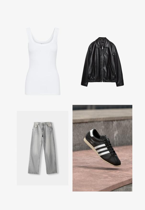 Sort læderjakke med krave, frontlynlås og to sidelommer. Har en glat tekstur og et samlet kant ved taljen.; Hvid tanktop med rund udskæring, brede skulderstropper og tætsiddende design, lavet af et glat, strækbart stof.; Lys grå denim jeans med lige pasform, der har to frontlommer, en knappelukning og diskrete slidser for tekstur.; Sort lædersneaker med hvide striber og sål, snøret, svævende over en rosa betonoverflade med en grå stenvæg i baggrunden.