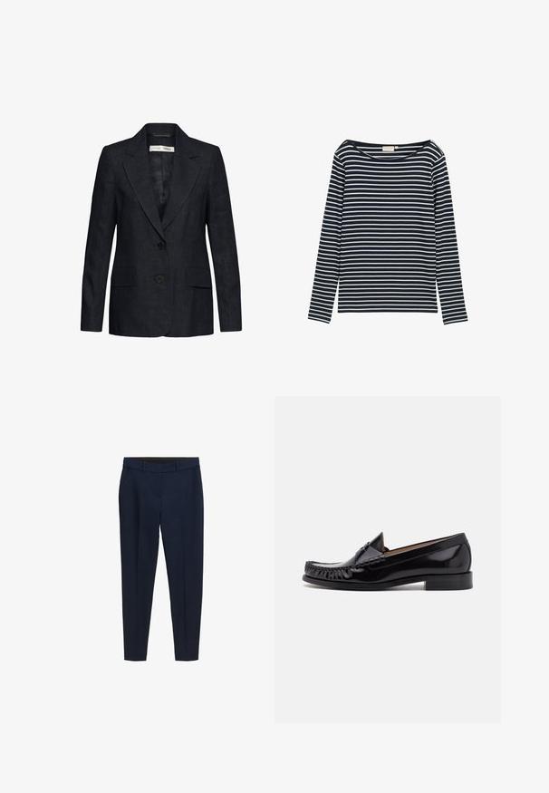 Sort skræddersyet blazer med hakkede revers, to forlommer med klap og lukning med to knapper, lavet af tekstureret stof.; Marineblå og hvid stribet langærmet skjorte med en bred halsudskæring, lavet af et blødt materiale, med jævnt fordelte vandrette striber.; Mørkeblå skræddersyede bukser med bæltestropper, sidelommer og en favoritfold fortil, designet til en tætsiddende pasform.; Sorte læder moccasin sko med en skinnende finish, der har frynsedetaljer langs fronten og en lav stabelhælk.