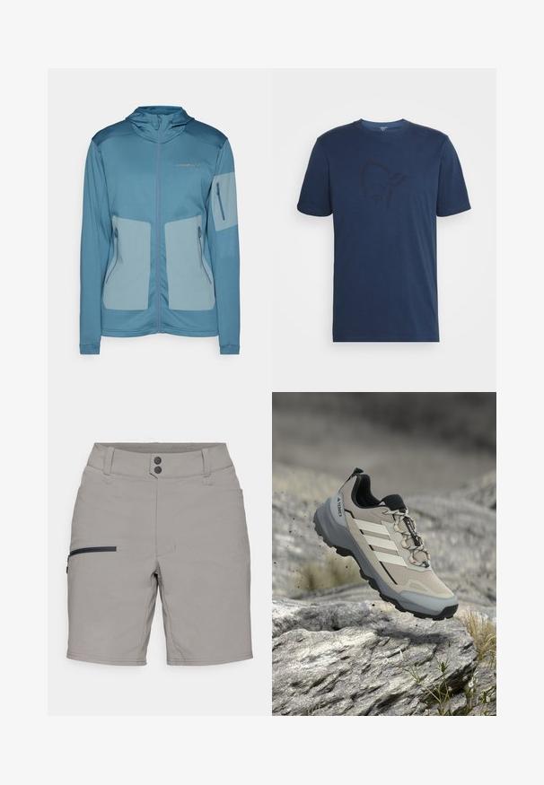 Sinine jope kapuutsiga, millel on kerge kangas, lukuga taskud, kontrastsed paneelid ja reljeefne logo rinnal.; Norrøna /29 COTTON VIKING T-SHIRT - Trükipildiga T-särk - indigo night/sky captain; Hallide hallid, millel on sile tekstuur, küljel lukuga tasku, kaks nööpkinnitust ja klassikaline lõige. Mugavuse ja funktsionaalsuse nimel kujundatud.; Helehall ja must Adidas Terrex matkajalats, mis ripub õhus kivisel maastikul, kus on väikesed taimed väljas.