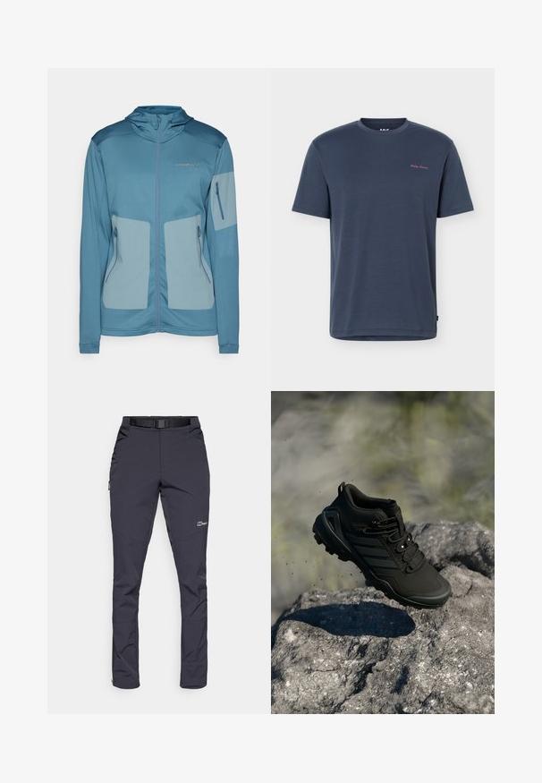Veste bleue avec capuche, en tissu léger, dotée de poches zippées, de panneaux contrastants et d'un logo en relief sur la poitrine.; T-shirt bleu marine à manches courtes et col rond avec petit logo "Helly Hansen" rose sur la partie supérieure gauche de la poitrine.; Pantalons résistants à l'eau en gris foncé, fabriqués en tissu durable. Les caractéristiques incluent une ceinture, des poches latérales et des ouvertures zippées aux chevilles.; Chaussure de trail running noire avec une semelle robuste flottant au-dessus d'une surface rocheuse, des particules de terre visibles dans un cadre extérieur.