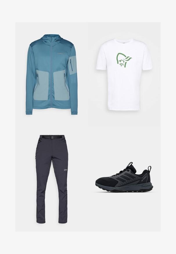 Veste bleue avec capuche, en tissu léger, dotée de poches zippées, de panneaux contrastants et d'un logo en relief sur la poitrine.; Norrøna /29 COTTON VIKING T-SHIRT - T-shirt imprimé - pure white; Pantalons résistants à l'eau en gris foncé, fabriqués en tissu durable. Les caractéristiques incluent une ceinture, des poches latérales et des ouvertures zippées aux chevilles.; Baskets de course noires avec un empiècement texturé en mesh et accents synthétiques, semelle rembourrée et boucle au talon pour un enfilage facile.
