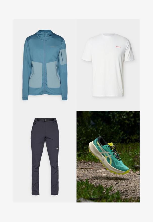 Veste bleue avec capuche, en tissu léger, dotée de poches zippées, de panneaux contrastants et d'un logo en relief sur la poitrine.; T-shirt blanc à manches courtes et col rond avec un petit logo rouge « Helly Hansen » sur la poitrine en haut à gauche.; Pantalons résistants à l'eau en gris foncé, fabriqués en tissu durable. Les caractéristiques incluent une ceinture, des poches latérales et des ouvertures zippées aux chevilles.; Chaussure de course avec une tige en mesh turquoise respirant, accents noirs, détails réfléchissants, et une semelle épaisse et amortie jaune et blanche.