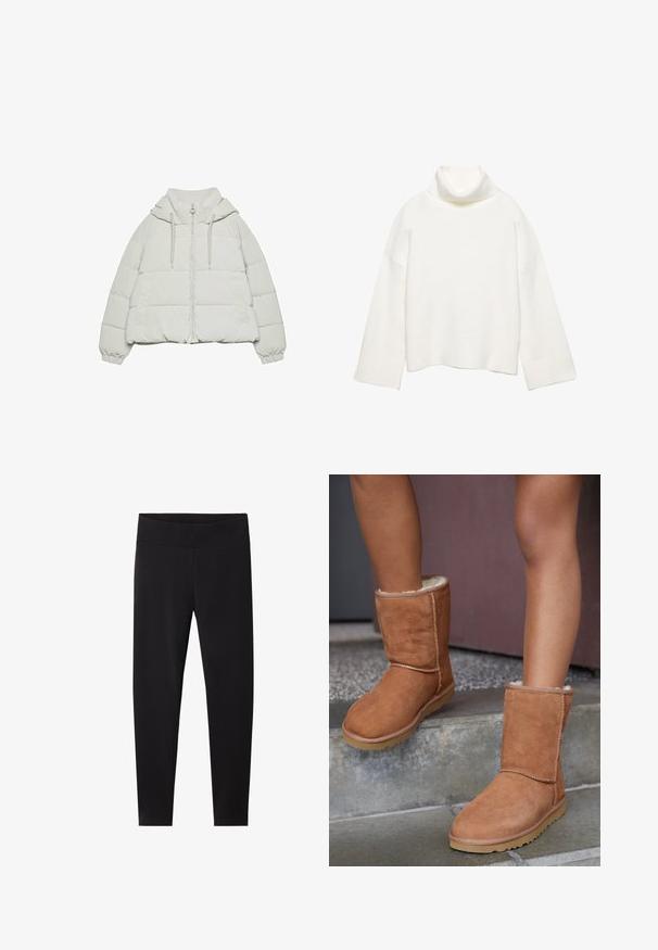 Veste matelassée blanche avec capuche à cordon, fermeture éclair à l'avant et poignets élastiques. Coupe carrée et deux poches latérales. Texture lisse.; Pull à col roulé blanc en tissu doux, présentant une coupe décontractée, des épaules tombantes et des poignets et un ourlet larges côtelés.; Leggings noirs avec une large ceinture élastique. Fabriqués dans un matériau lisse et extensible, ajustés pour une silhouette cintrée et sans motifs visibles.; Bottines en suede marron, à bout rond, avec une doublure douce et une semelle en caoutchouc, présentant des détails de couture visibles le long des coutures.