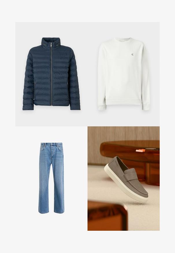 Marineblauwe doorgestikte pufferjas met ritssluiting aan de voorkant, hoge kraag, met rits afsluitbare zijzakken en een subtiel "ck" logo op de borst.; Lichtgrijze sweatshirt met ronde hals, gemaakt van gladde stof, met ribgebreide manchetten en zoom, en een klein geborduurd logo op de borst.; Lichtblauwe denim jeans met een straight-leg ontwerp, vijf zakken, knoopsluiting, minimale vervaging en contrasterende stikseldetails.; Grijze suède instapschoen met witte zool, zwevend boven een beige tapijt, met doorschijnend oranje meubilair op de achtergrond.