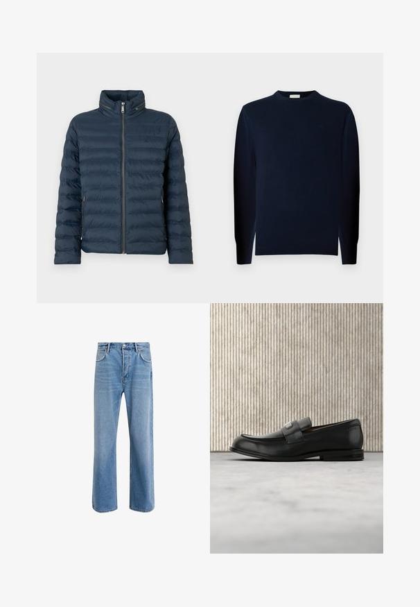 Marineblaue gesteppte Steppjacke mit Frontreißverschluss, hohem Kragen, seitlichen Reißverschlusstaschen und dezentem "ck"-Logo auf der Brust.; Junger Mann mit lockigem Haar, der einen dunklen Pullover mit langen Ärmeln und dunkle Hosen trägt, steht vor einem einfarbigen grauen Hintergrund.; Helle blaue Jeans im Geradeschnitt-Design, mit fünf Taschen, Knopfverschluss, minimaler Ausbleichung und kontrastierenden Nähdetails.; Schwarzer Lederloafer mit einer Metallmarkenplatte, der nahe einem braunen runden Tisch auf beigem Teppichboden ruht.