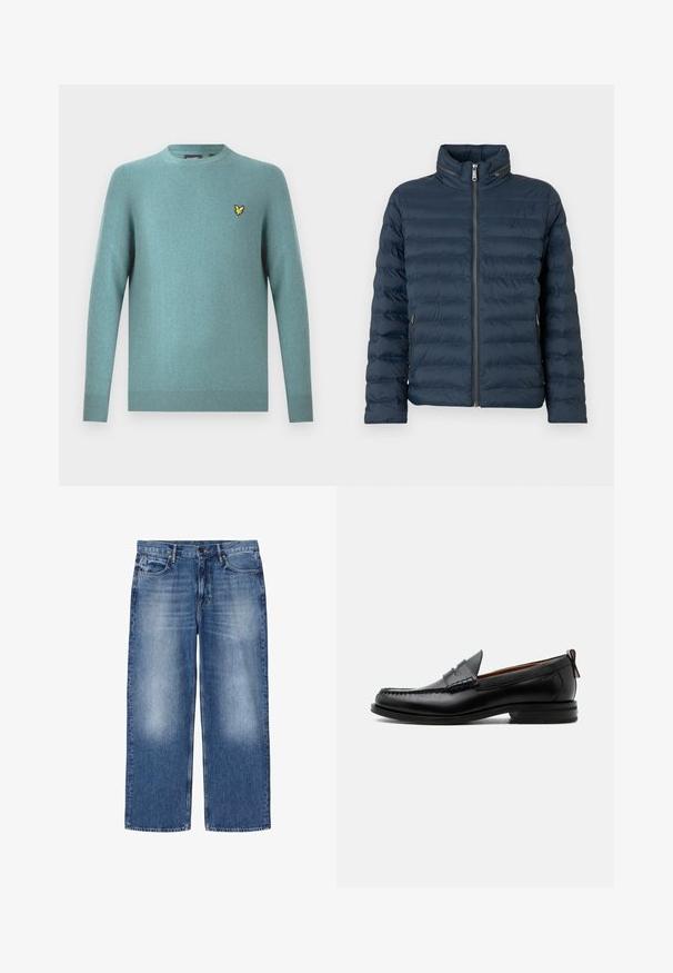 Marineblauwe doorgestikte pufferjas met ritssluiting aan de voorkant, hoge kraag, met rits afsluitbare zijzakken en een subtiel "ck" logo op de borst.; Sweater met ronde hals in zachte teal stof, met lange mouwen en een geribde zoom. Gele geborduurde logo-accent op de borst.; Blauw vervaagde rechte spijkerbroek met vijf zakken en knoopsluiting, plat liggend afgebeeld op een witte achtergrond.; Zwarte leren herensloffen met moc toe stiksel, pennyriem, gestructureerde kraag en lage gestapelde hak op witte achtergrond.