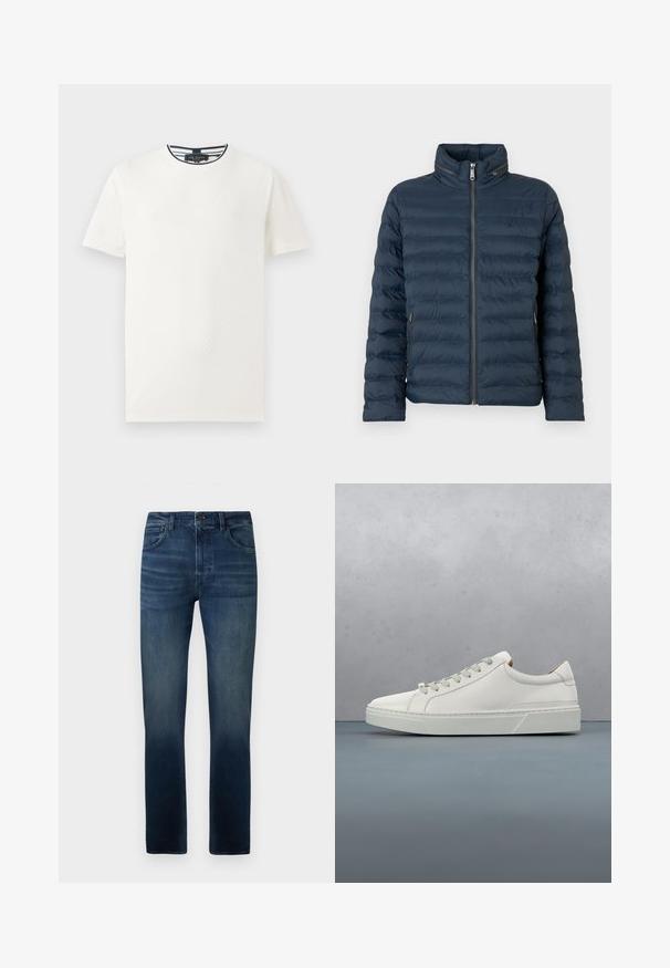 Chaqueta acolchada azul marino con cremallera frontal, cuello alto, bolsillos laterales con cremallera y un sutil logo "ck" en el pecho.; Camiseta de manga corta blanca con patrón texturizado, cuello redondo y ribete a rayas azul marino en el cuello. Tejido ligero. Corte casual.; Vaqueros de mezclilla azul con corte recto, que presentan una cintura de media altura, un ligero desgaste y un diseño tradicional de 5 bolsillos.; Zapatilla blanca de cuero con punta redondeada, diseño minimalista, cordones grises y suela de goma texturizada gris. Detalles de costura sutiles visibles.