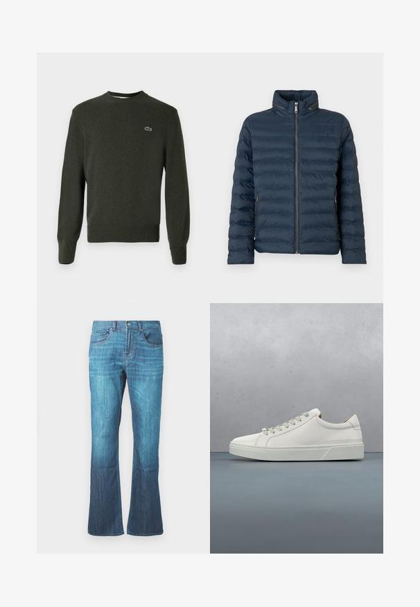 Chaqueta acolchada azul marino con cremallera frontal, cuello alto, bolsillos laterales con cremallera y un sutil logo "ck" en el pecho.; Suéter de punto verde oscuro con cuello redondo, puños y dobladillo acanalados, que presenta un pequeño logotipo bordado en el lado izquierdo del pecho. Textura suave.; Jeans de denim en lavado azul medio con un ligero acampanado en la parte inferior, diseño clásico de cinco bolsillos y cierre frontal con botón y cremallera.; Zapatilla blanca de cuero con punta redondeada, diseño minimalista, cordones grises y suela de goma texturizada gris. Detalles de costura sutiles visibles.