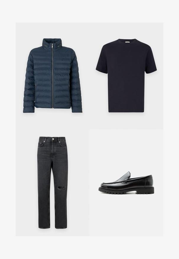 Veste matelassée bleu marine avec fermeture éclair frontale, col montant, poches latérales zippées et un discret logo "ck" sur la poitrine.; T-shirt en coton bleu marine avec un col rond, des manches courtes et une coupe décontractée ; texture lisse ; sans motifs ni quincaillerie visibles.; Jean en denim noir avec jambe droite, présentant un genou déchiré, un design à cinq poches et des accessoires en métal à la taille et aux poches.; Mocassin en cuir noir avec semelle en caoutchouc épaisse, dessus cousu et nom de marque embossé sur le talon, présenté de profil sur fond blanc.