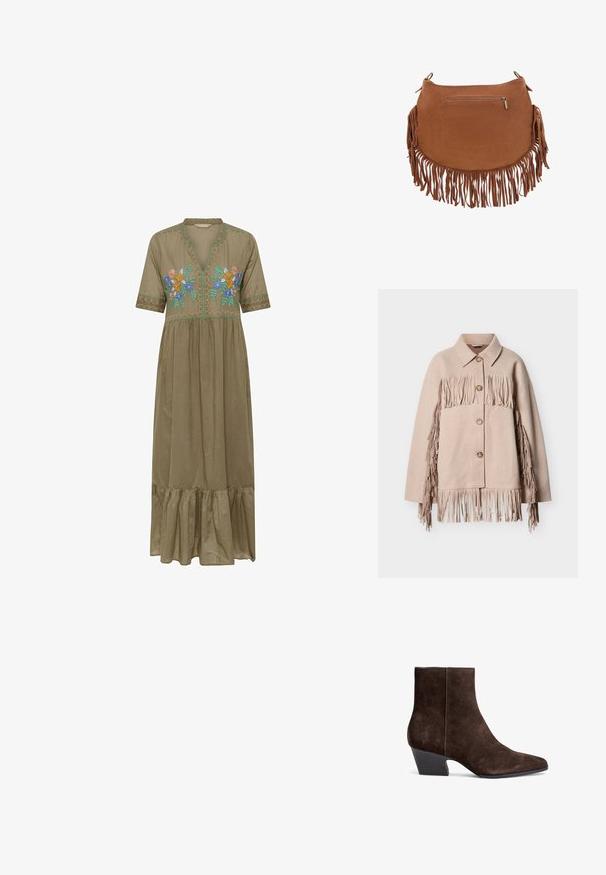 Beige uldjakke med frynser langs ærmer og kant. Har en krave og tre synlige knapper foran.; Olivengrøn midi-kjole med korte ærmer, V-hals, flæsekant og farverig broderi med blå, orange og grønne blomster på bryst og skuldre.; Brune ruskind ankelstøvler med spidse tæer, mellemhøj blokhælt og minimal syning for et elegant udseende.; Brun ruskindshåndtaske med lange frynser langs bunden og siderne samt en lille vandret lynlåslomme foran.