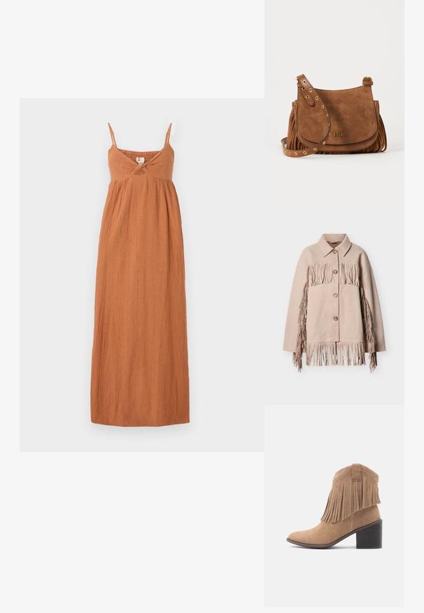 Veste en laine beige avec des détails à franges le long des manches et de l'ourlet. Présente un col à revers et trois boutons visibles à l'avant.; Robe longue couleur rouille en tissu léger. Comprend des bretelles spaghetti ajustables, un corsage froncé et une jupe fluide. Fini texturé.; Bottine en daim beige avec un bout arrondi et un dessus à franges. Dotée d'un talon bloc de hauteur moyenne et d'un design robuste avec un détail en boucle à l'arrière.; Sac bandoulière en daim marron avec œillets dorés sur la sangle réglable, détails de franges sur les côtés et petit logo doré RLL sur le rabat avant.