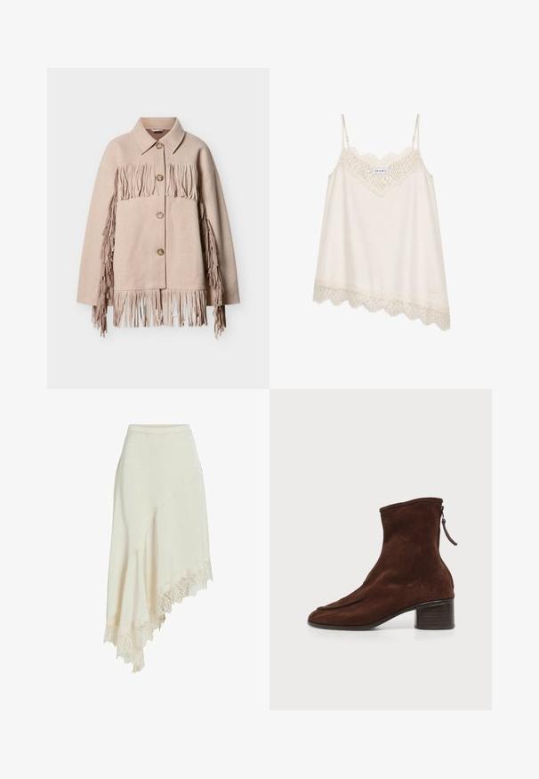 Veste en laine beige avec des détails à franges le long des manches et de l'ourlet. Présente un col à revers et trois boutons visibles à l'avant.; Camisole de couleur crème avec bordure en dentelle au niveau du décolleté et de l'ourlet, fines bretelles réglables et petite étiquette "Oh April" sur la poitrine.; Jupe asymétrique crème avec bordure en dentelle le long de l'ourlet, dotée d'une taille lisse et d'un design fluide et superposé.; Bottine en daim marron foncé avec talon bloc bas et fermeture éclair arrière sur fond clair uni.