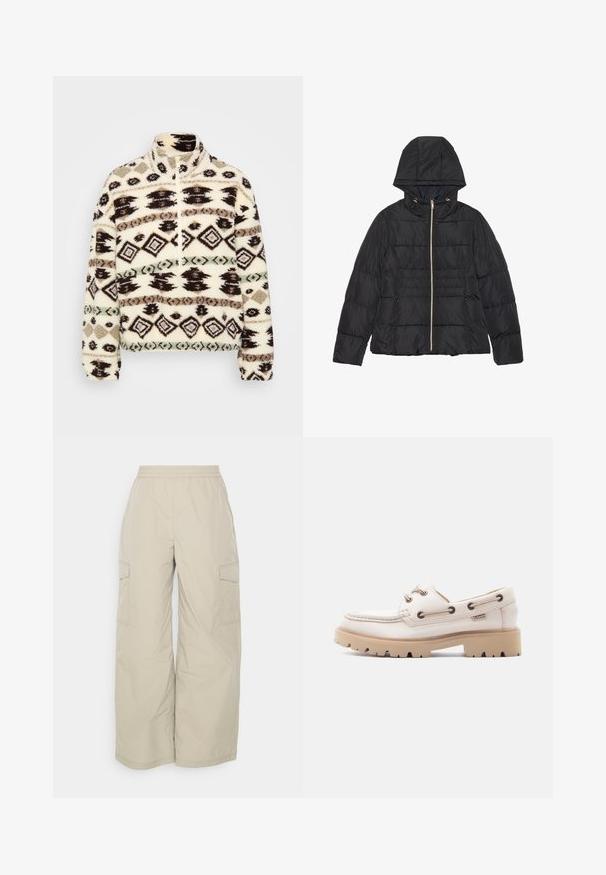 Sort pufferjakke med hætte, lynlås foran og horisontal quiltning. Har guldfarvet hardware og sidelommer. Glat, skinnende stof.; Fleece halv-zip pullover i crème, med geometriske mønstre i sort, brun og mint, med høj krave og ribbede manchetter.; Beige cargo bukser lavet af let materiale, med elastisk bæltelinje, brede ben og sidelommer til opbevaring.; Hvid læder bådsko med beige gummisål med slidbanemønster, sidelukning med snørebånd og kontrastsyning, mærket med et lille metal logo.