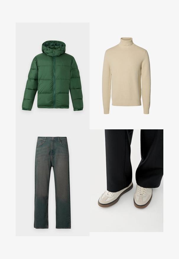 Grøn polstret jakke med hætte, der har en frontlynlås, knaplukninger og en quiltet design til isolering. Glat tekstur.; Beige strikket rullekravesweater med lange ærmer og ribstrikkede manchetter og kant, vist på en ensfarvet hvid baggrund.; Mørkegrønne denimjeans med lige ben, der har et klassisk design med fem lommer og kontrastsyninger langs sømmene.; Fødder iført beige sneakers med brune såler og sorte bukser med vide ben på hvid baggrund.