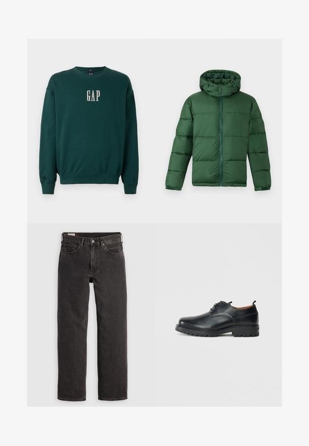 Grøn polstret jakke med hætte, der har en frontlynlås, knaplukninger og en quiltet design til isolering. Glat tekstur.; Grøn langærmet sweatshirt med ribbede manchetter og talje, med hvidt broderet "GAP" logo på brystet. Blødt stof.; Sorte denim jeans med lige ben, fem lommer og metalbeslag. Stoffet har en let struktur og en ensfarvet finish.; Sorte læder derby-sko med en glat overflade, rund tå, snøre-design og en tyk, robust gummisål.
