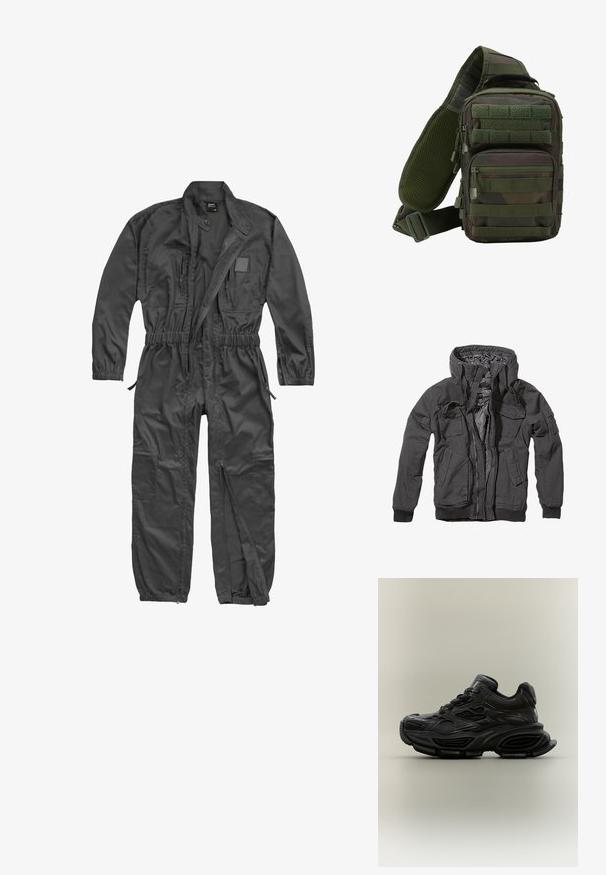 Chaqueta negra con capucha, cierre de cremallera, múltiples bolsillos, puños y dobladillo acanalados, fabricada con un tejido duradero y forro interior suave.; Mono negro de manga larga con cremallera frontal, cintura y puños elásticos, múltiples bolsillos con cremallera y cuello mao con botón a presión.; Zapatilla deportiva negra y gruesa con diseño texturizado, suela gruesa y cierre de cordones mostrada sobre un fondo neutro y sencillo.; Mochila tipo bandolera en camuflaje verde con múltiples bolsillos con cremallera, una correa ajustable y un panel trasero de malla para ventilación.