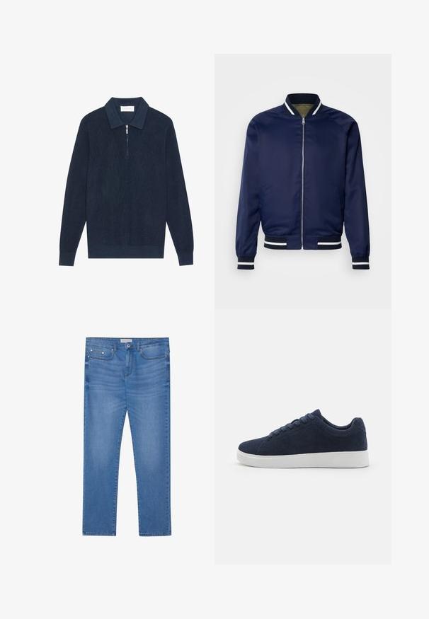 Veste bomber marine en tissu lisse ; dotée de poignets et d'un col rayés blancs et marins, fermeture éclair à l'avant et poches latérales.; Polo en tricot bleu marine foncé à manches longues avec une texture côtelée et une courte fermeture éclair argentée au col.; Jeans en denim bleu clair avec une coupe droite, design à cinq poches, décoloration subtile et accents en métal au niveau de la taille et des poches.; Baskets en daim bleu marine avec un bout rond, semelle en caoutchouc blanc et six œillets pour lacets. Texture lisse et design minimal. Vue de côté présentée.