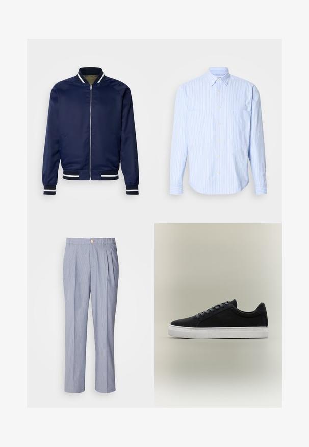 Veste bomber marine en tissu lisse ; dotée de poignets et d'un col rayés blancs et marins, fermeture éclair à l'avant et poches latérales.; Chemise bleu clair à boutons avec des rayures verticales blanches et pastel, en coton doux, deux poches poitrine et manches longues.; Pantalons rayés en bleu clair et blanc, dotés d'une fermeture à bouton, d'un devant plié et d'une coupe droite. Texture de tissu lisse.; Baskets basses noires avec semelle en caoutchouc blanche, design à lacets et col rembourré, présentées sur un fond gris neutre.