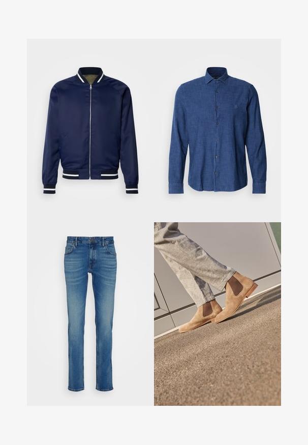 Marine Bomberjacke aus glattem Stoff; mit weißen und marineblauen gestreiften Bündchen und Kragen, Reißverschluss vorne und Seitentaschen.; Blaues Langarmhemd aus strukturiertem Stoff, mit traditionellem Kragen, Knopfleiste und dezenter Logo-Stickerei auf der Brust.; Blaue Denim-Jeans mit geradem Bein, fünf Taschen und einem Knopfverschluss an der Taille, mit leichtem Verblassen und Whisker-Effekten.; Braune Wildleder Chelsea Boots mit elastischen Seitenpaneelen und einer glatten, tanfarbenen Gummisohle, kombiniert mit hellgrauen Hosen auf einer strukturierten Oberfläche.