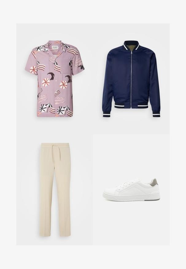 Veste bomber marine en tissu lisse ; dotée de poignets et d'un col rayés blancs et marins, fermeture éclair à l'avant et poches latérales.; Chemise à manches courtes, de couleur lavande, arborant un motif sur le thème de la plage avec des parapluies, des vagues et des accents rayés. Comprend une poche poitrine et une fermeture à boutons.; Pantalons beiges à taille élastique avec cordon de serrage. Comprend des jambes droites et une texture lisse, adaptés pour un usage décontracté ou pour se détendre.; Basket blanche en cuir lisse, à bout arrondi, design minimaliste, accent de talon gris et semelle en caoutchouc texturé.